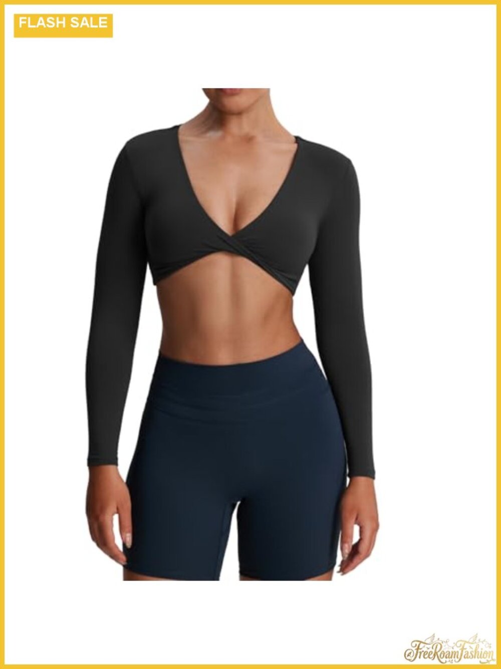 Long Sleeve Crop Top with Built-In Bra - 75% Nylon 25% Spandex - Yoga & Workout